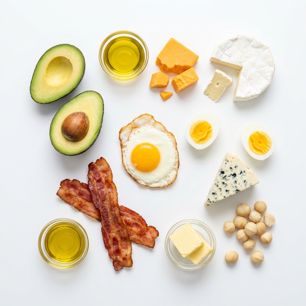 Produkty zgodne z dietą ketogeniczną - awokado, orzechy, mięso, ryby